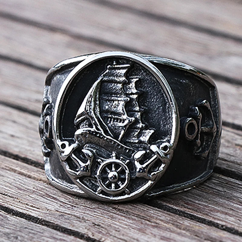 Nordic Sailboat Pirate Ring for Men 316L Stainless Steel Biker Viking Ring Men Women Compass Anchor Rings Fashion Jewelry Gift