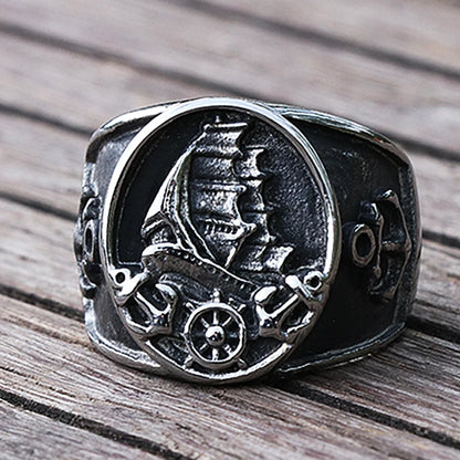 Nordic Sailboat Pirate Ring for Men 316L Stainless Steel Biker Viking Ring Men Women Compass Anchor Rings Fashion Jewelry Gift