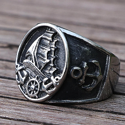 Nordic Sailboat Pirate Ring for Men 316L Stainless Steel Biker Viking Ring Men Women Compass Anchor Rings Fashion Jewelry Gift