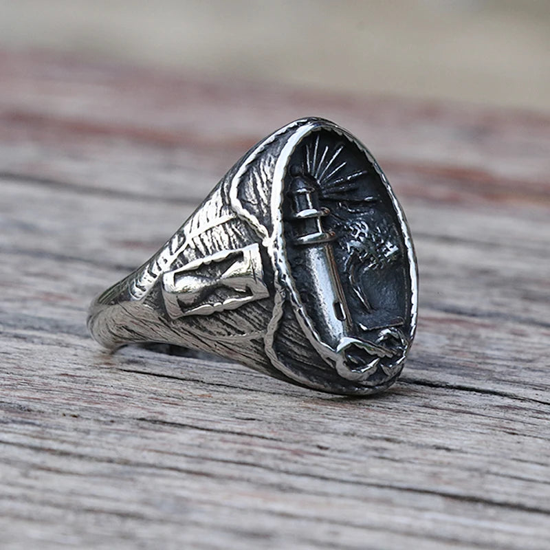 Vintage Nautical Lighthouse Viking Ring Men 316L Stainless Steel Nautical Amulet Signet Ring Nordic Peace Amulet Jewelry Gift