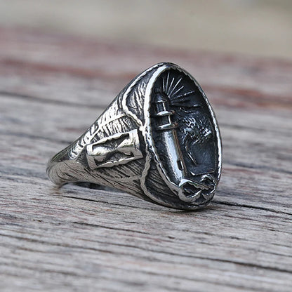 Vintage Nautical Lighthouse Viking Ring Men 316L Stainless Steel Nautical Amulet Signet Ring Nordic Peace Amulet Jewelry Gift