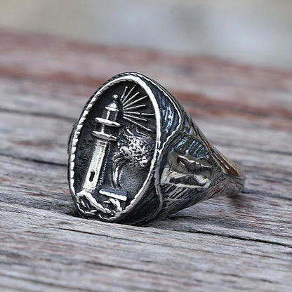 Vintage Nautical Lighthouse Viking Ring Men 316L Stainless Steel Nautical Amulet Signet Ring Nordic Peace Amulet Jewelry Gift