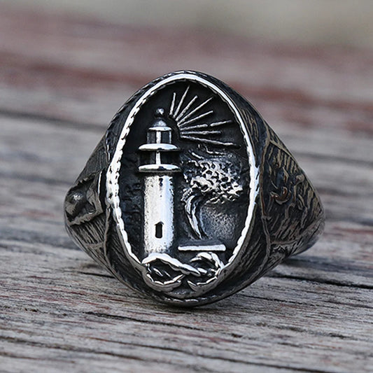 Vintage Nautical Lighthouse Viking Ring Men 316L Stainless Steel Nautical Amulet Signet Ring Nordic Peace Amulet Jewelry Gift